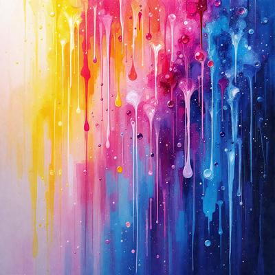The primary subject of the image is a painting featuring a colorful, dripping effect. The setting is a white wall, and the visual style is a combination of digital art and illustration. The colors and mood of the painting are vibrant and lively, with a focus on the various colors dripping from the painting.